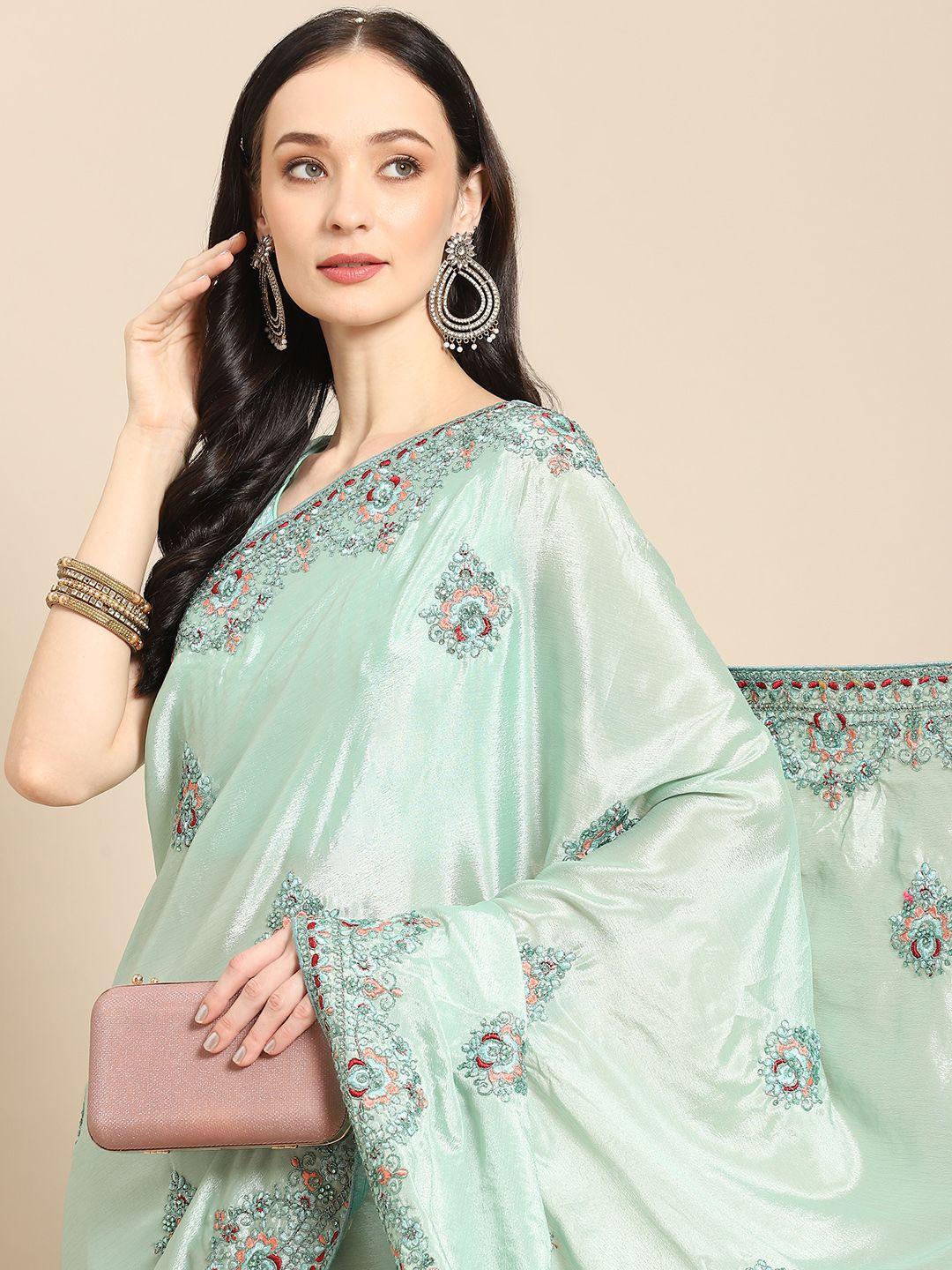 all about you sea green ethnic motifs embroidered satin saree