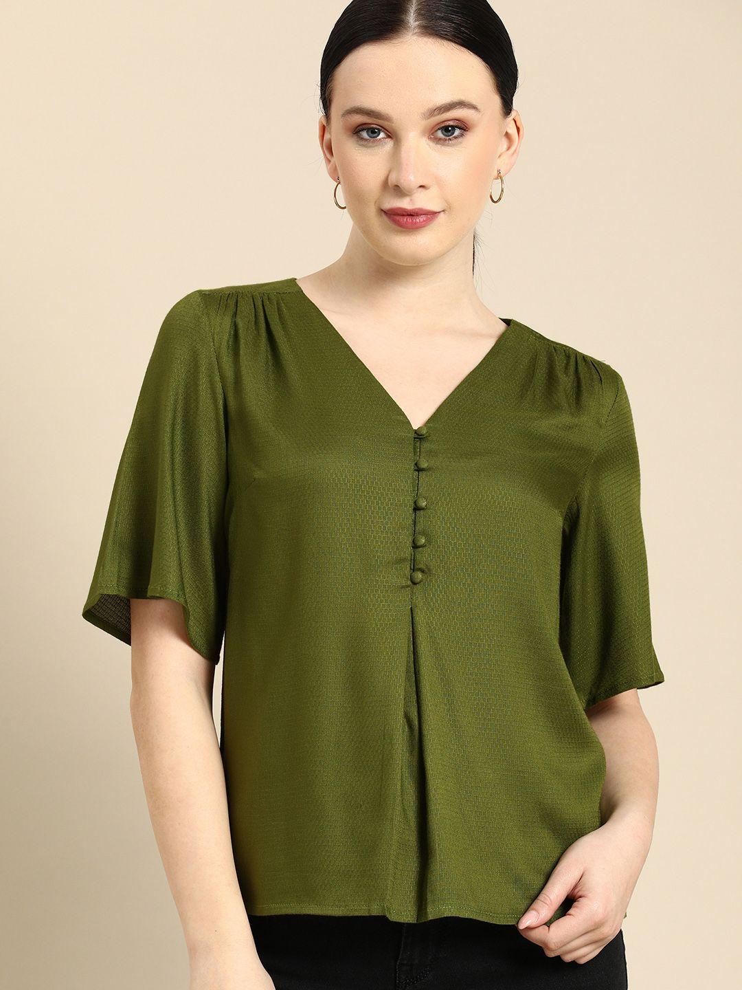 all about you solid olive green v-neck regular top