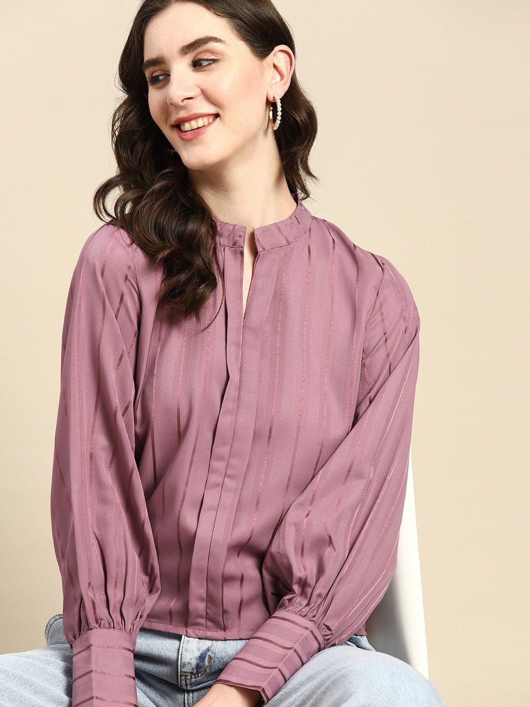 all about you striped mandarin collar crepe shirt style top