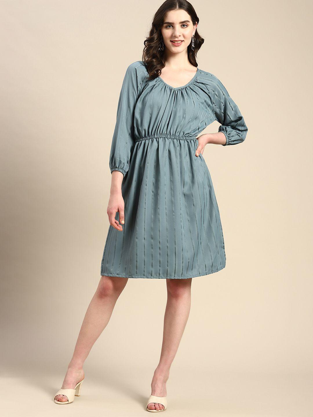 all-about-you-striped-puff-sleeves-crepe-fit-&-flare-dress