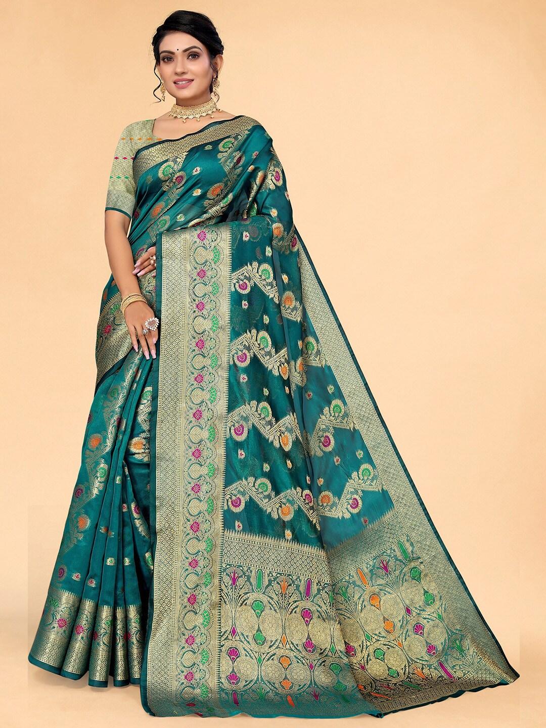 all about you teal & green woven design zari organza saree