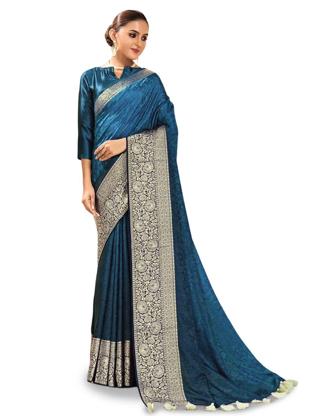 all about you teal & silver-toned floral woven design zari pure silk saree
