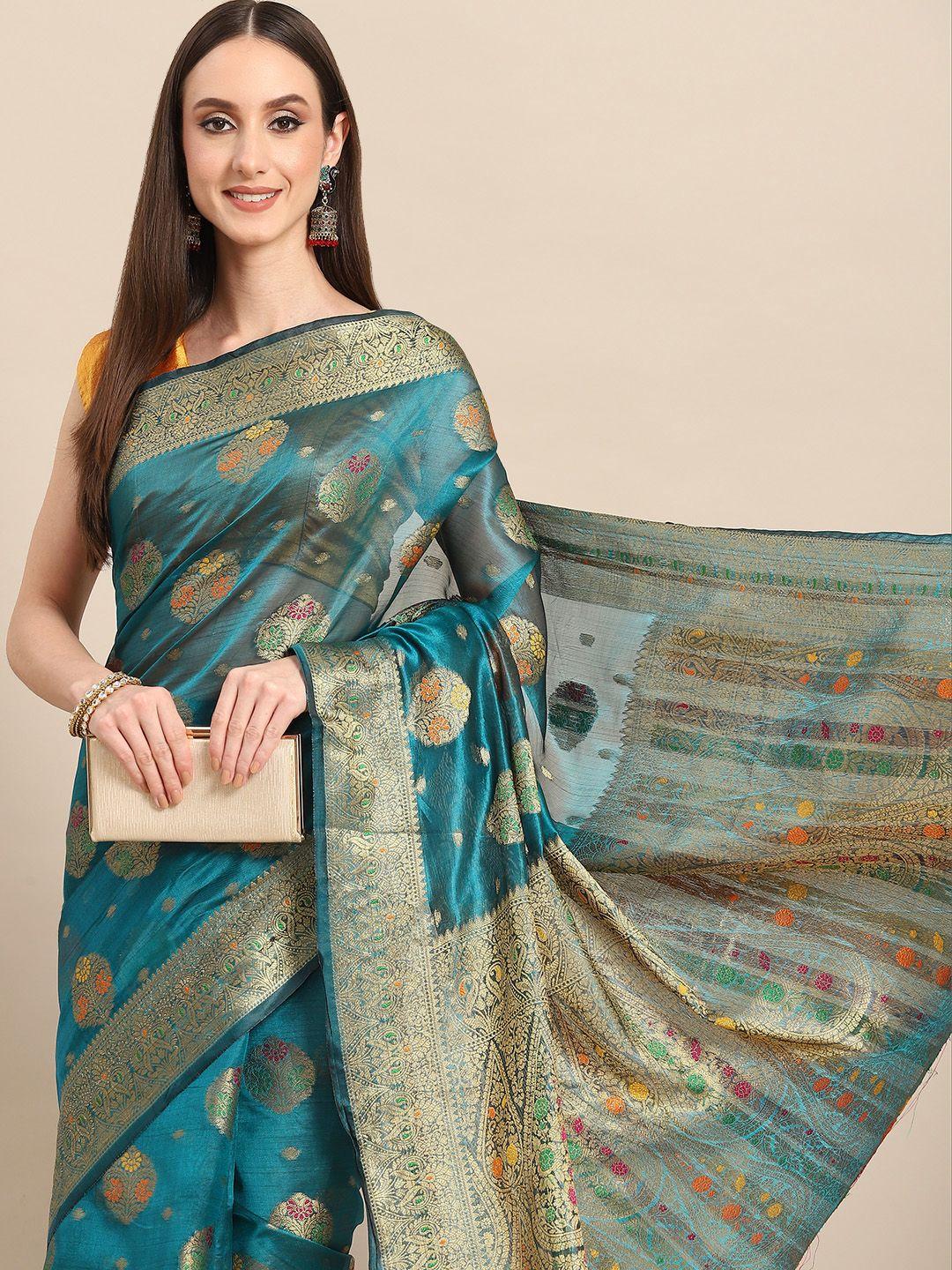 all about you teal blue & golden woven design organza saree