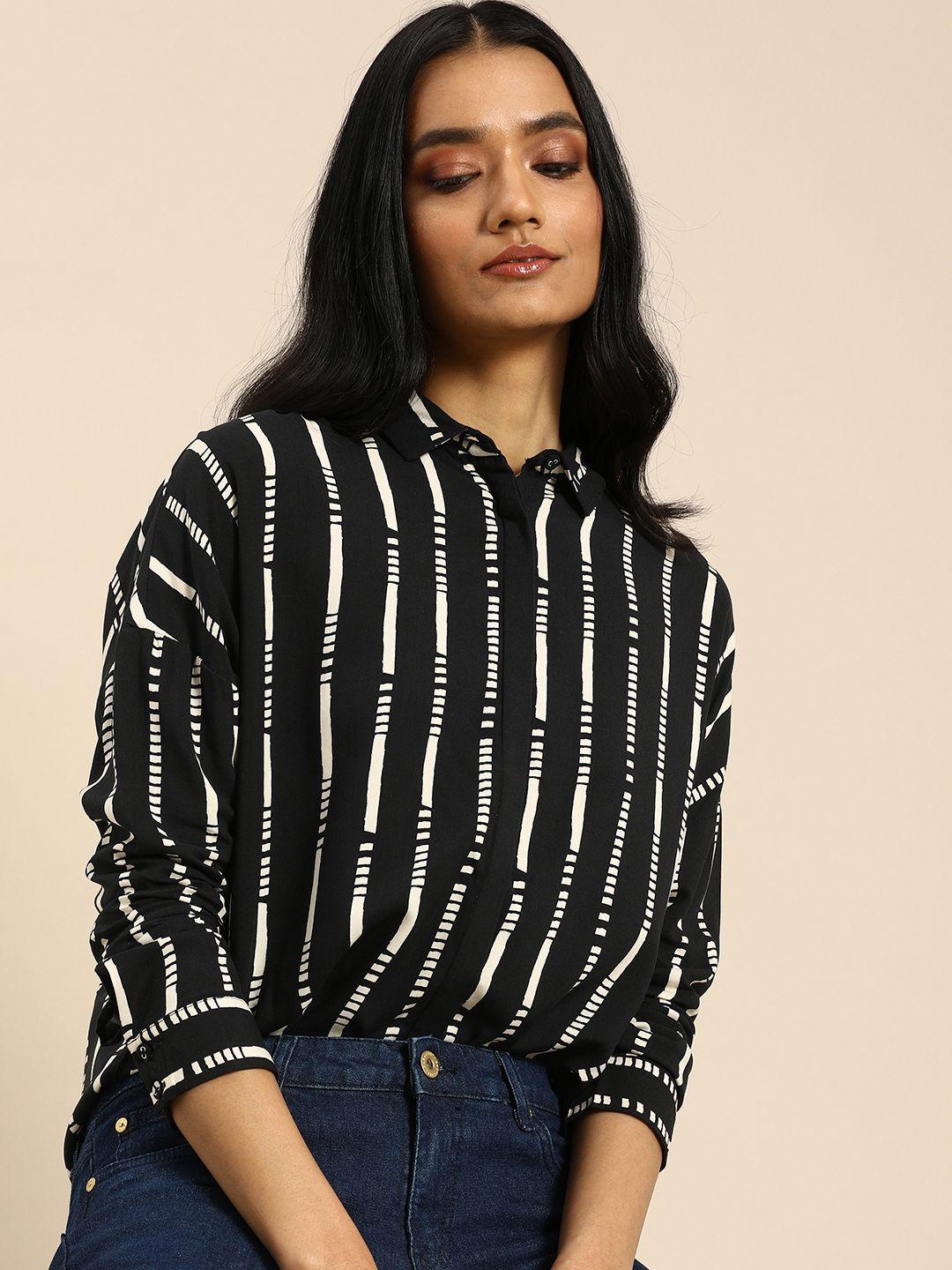 all about you women black & white opaque printed casual shirt