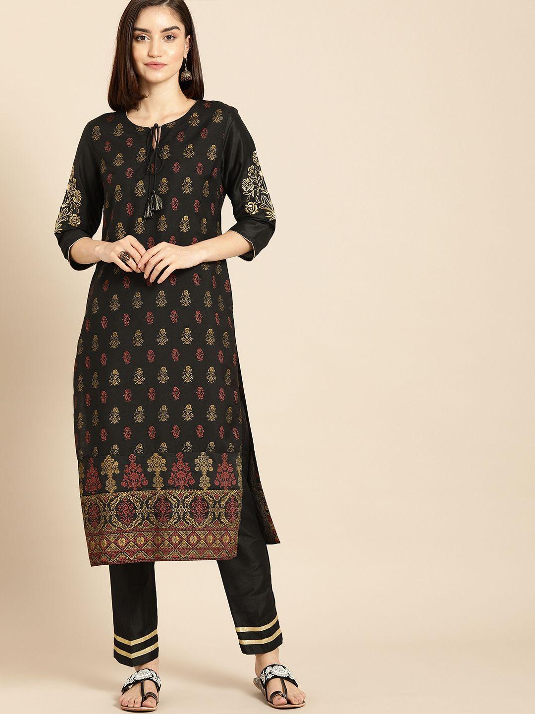 all about you women black & yellow floral printed regular kurta with trousers