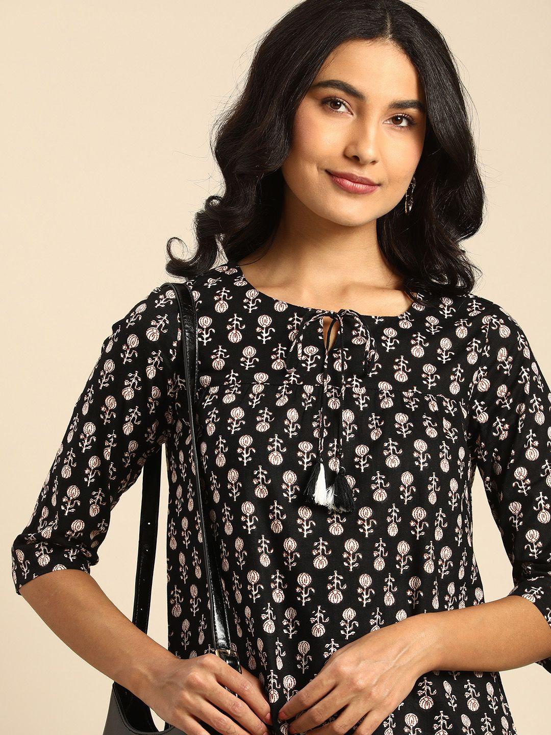 all about you women black floral printed pure cotton kurti