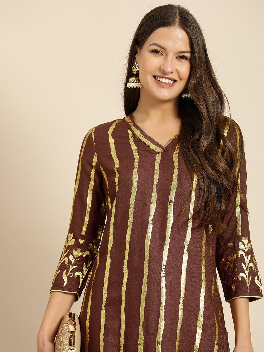 all about you women brown & gold-toned striped festive kurta