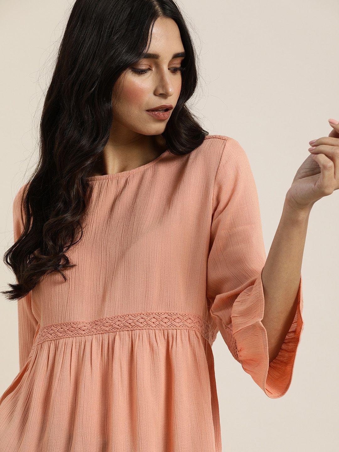 all about you women coral pink solid bell sleeves a-line top with lace detailing