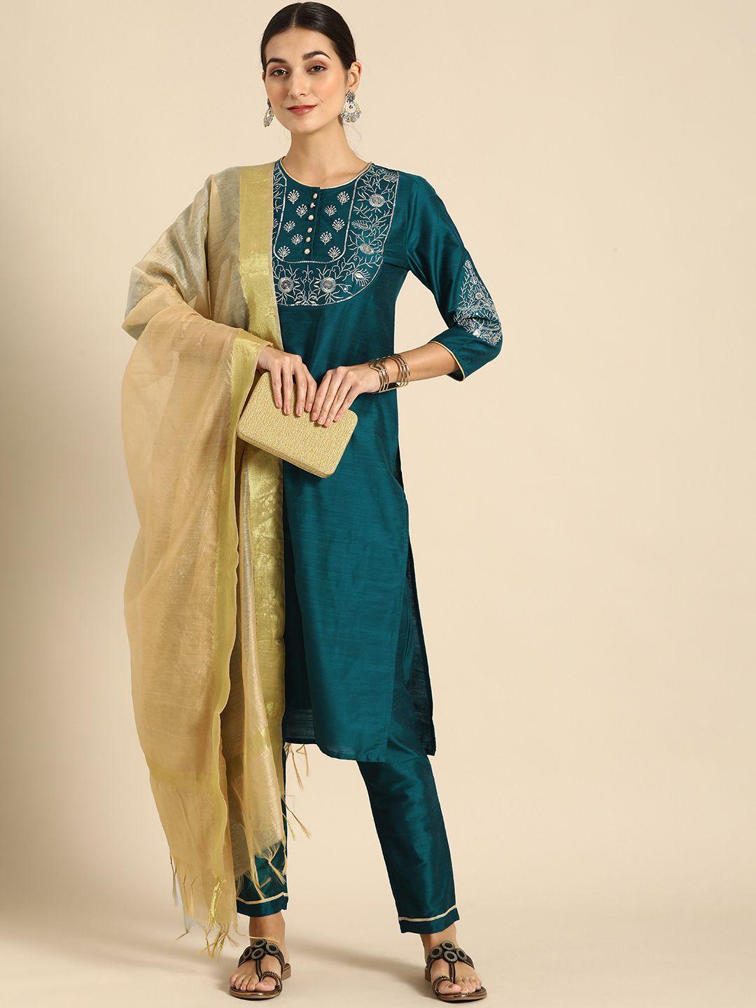 all about you women green & gold-toned embroidered sequinned kurta with trousers & dupatta