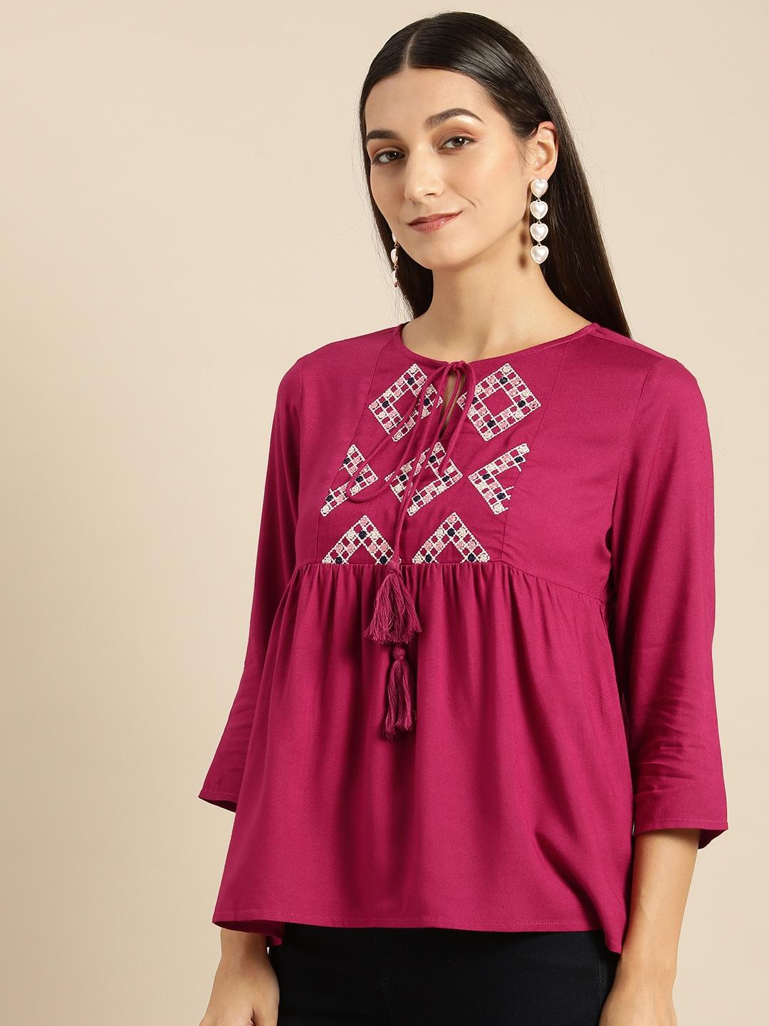 all about you women magenta embroidered tie-up neck empire top