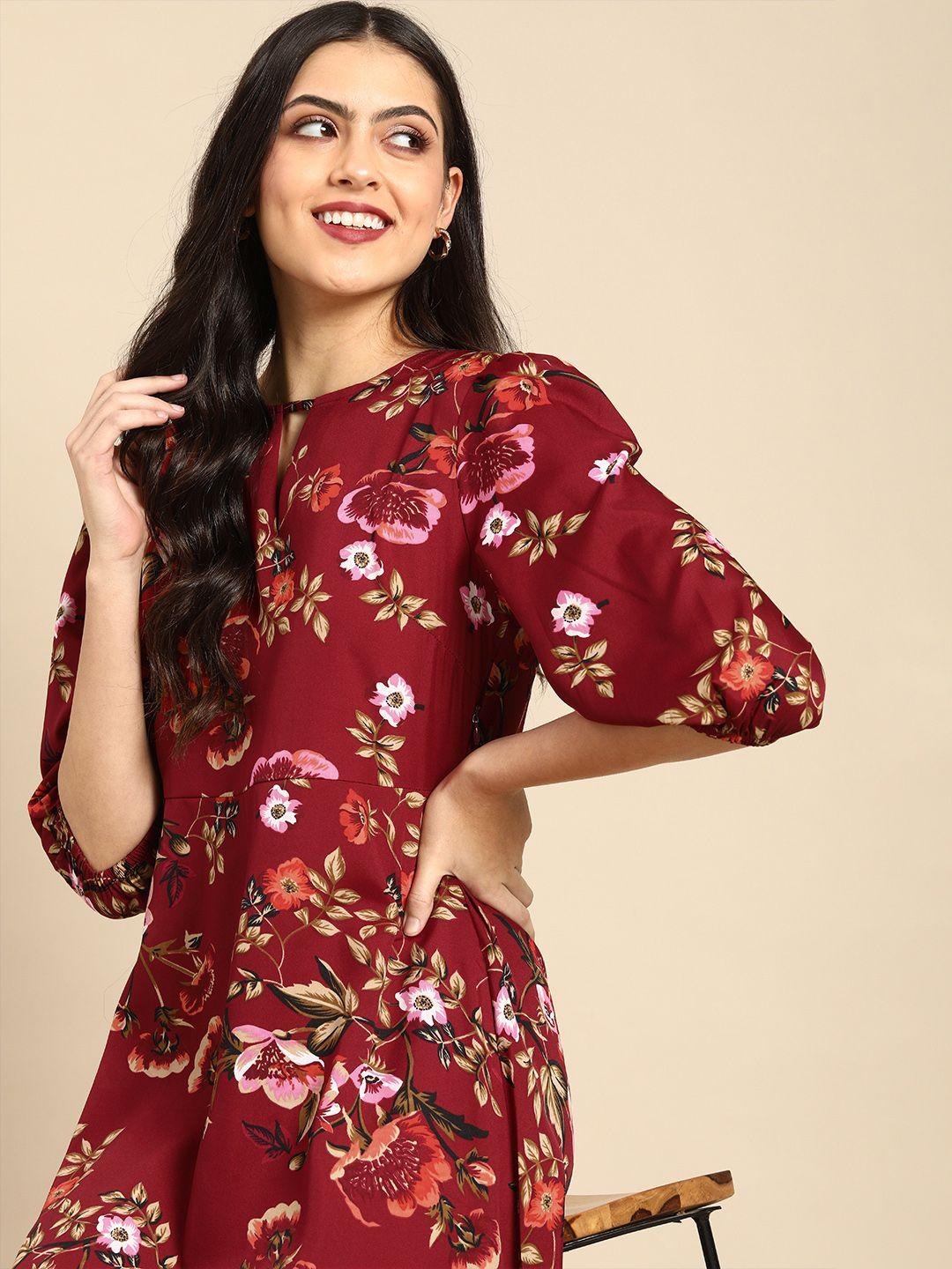 all-about-you-women-maroon-floral-keyhole-neck-casual-dress