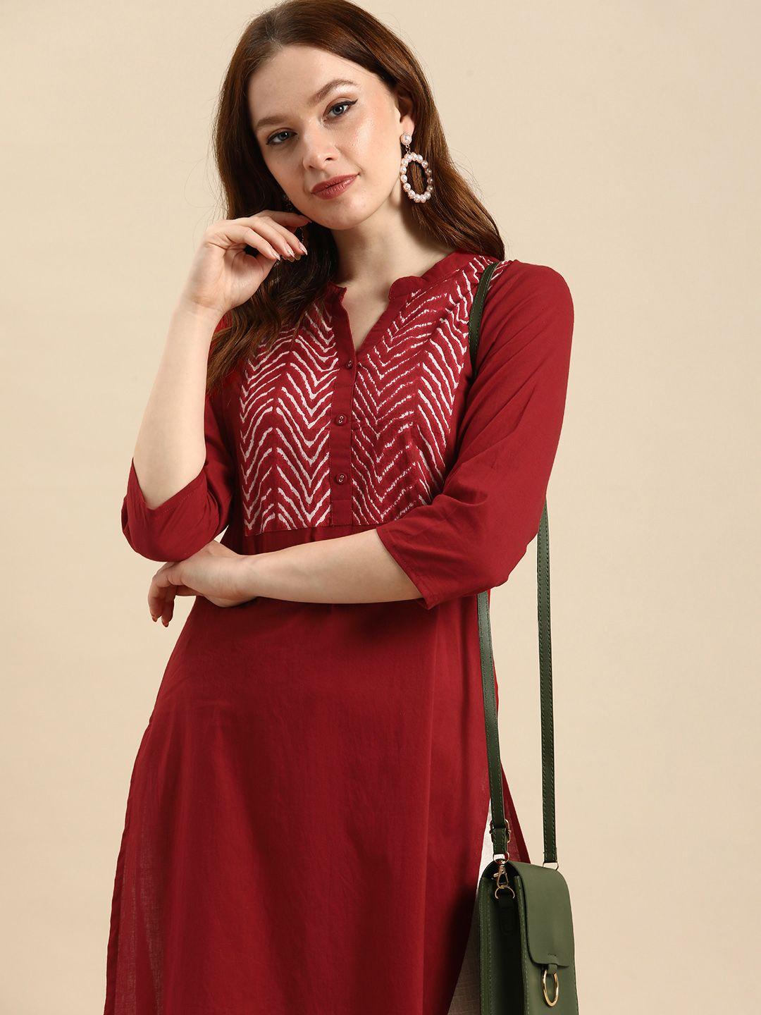 all about you women maroon geometric yoke design pure cotton kurta