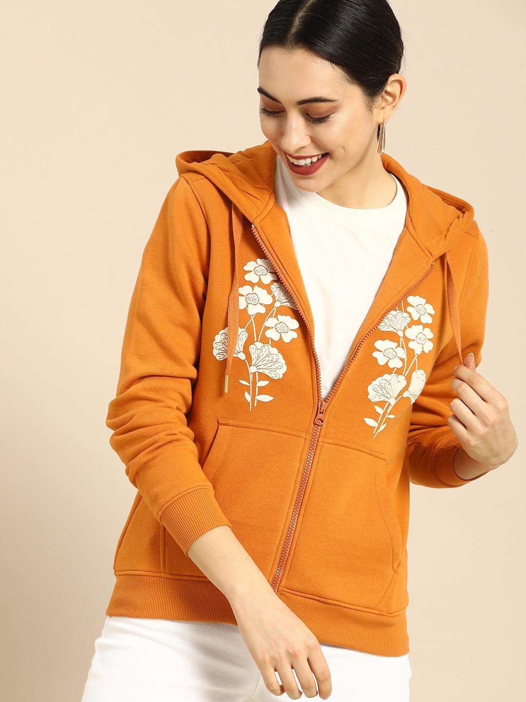 all about you women orange & white floral print hooded sweatshirt
