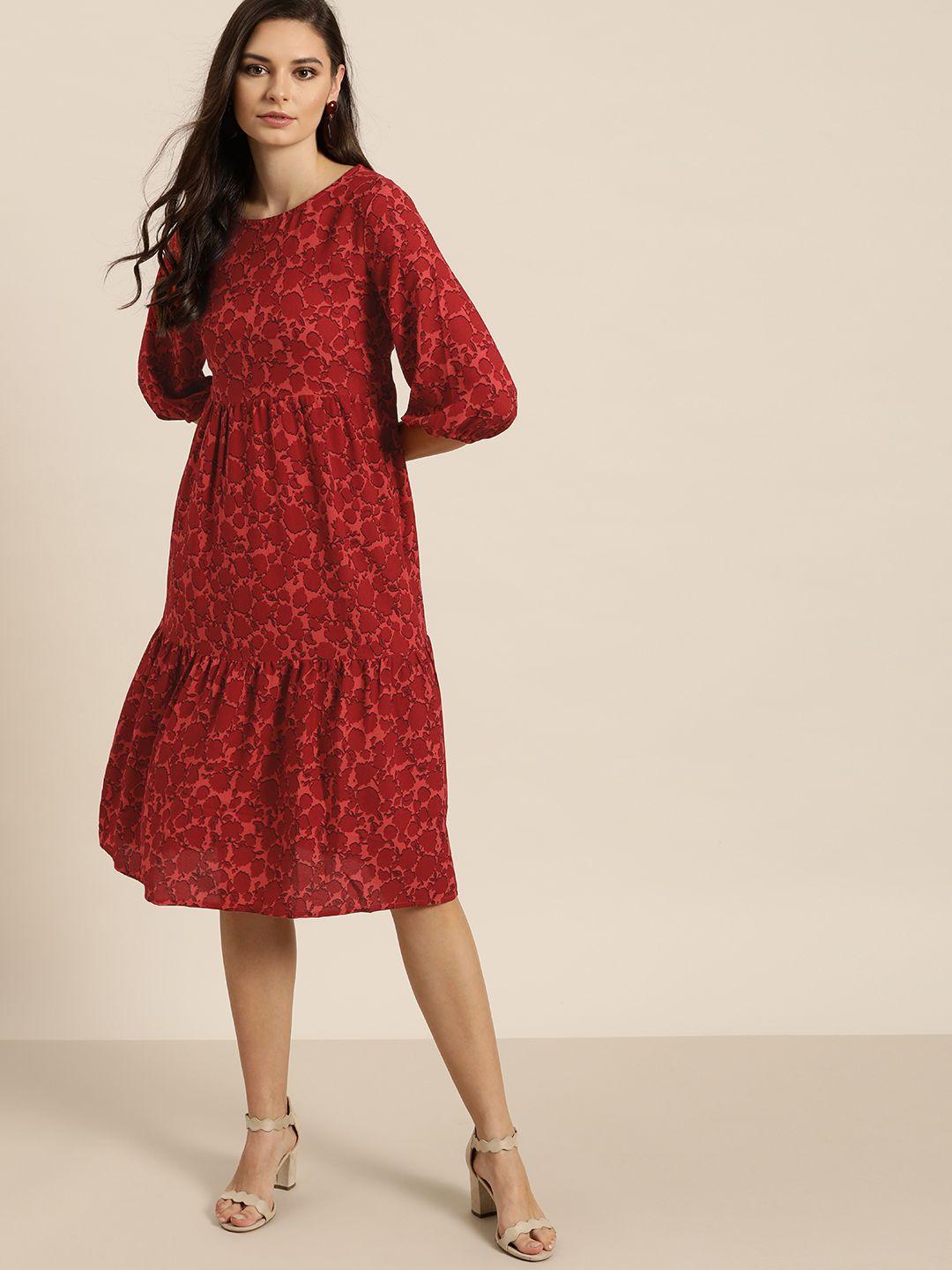 all about you women red & black printed a-line tiered dress