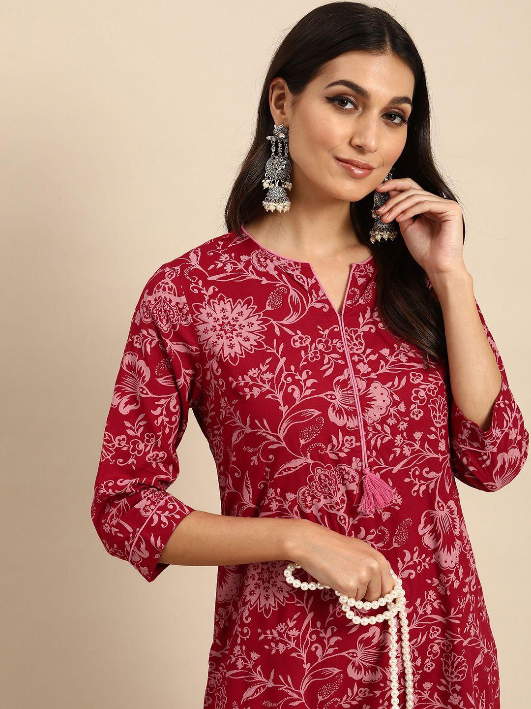 all about you women red floral printed kurta with trousers