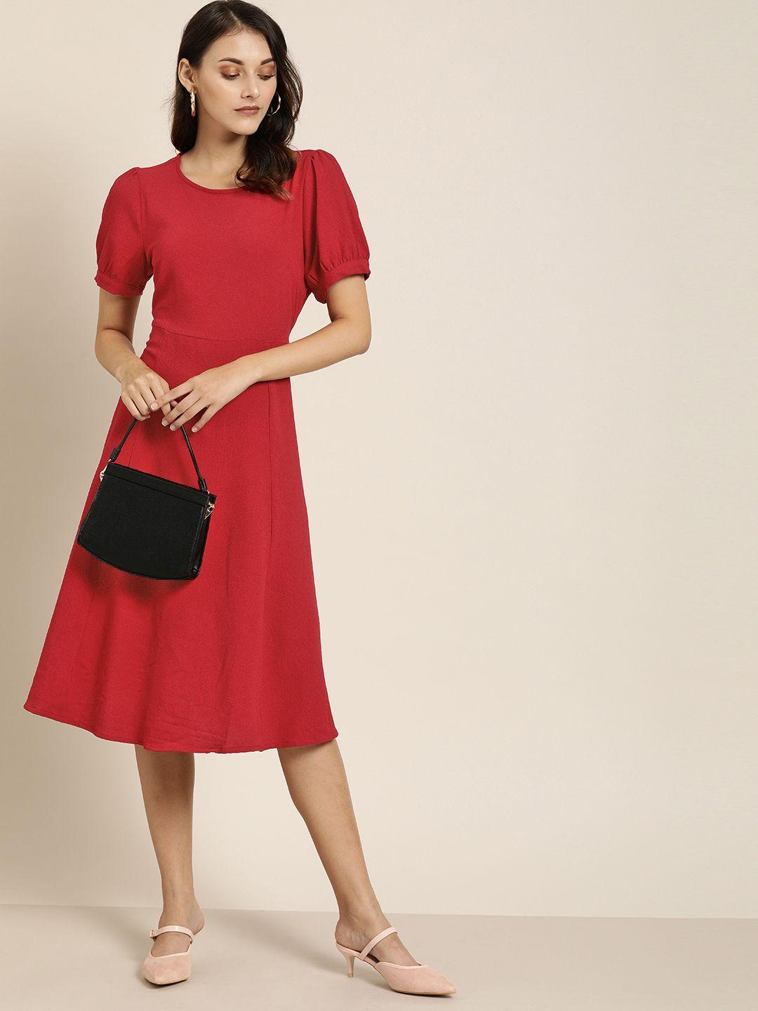 all about you women red solid fit and flare dress