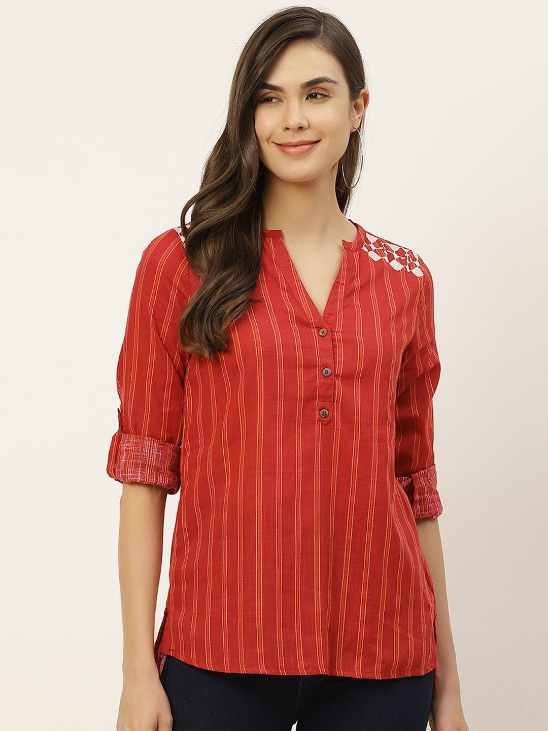 all about you women red striped pure cotton embroidered regular top