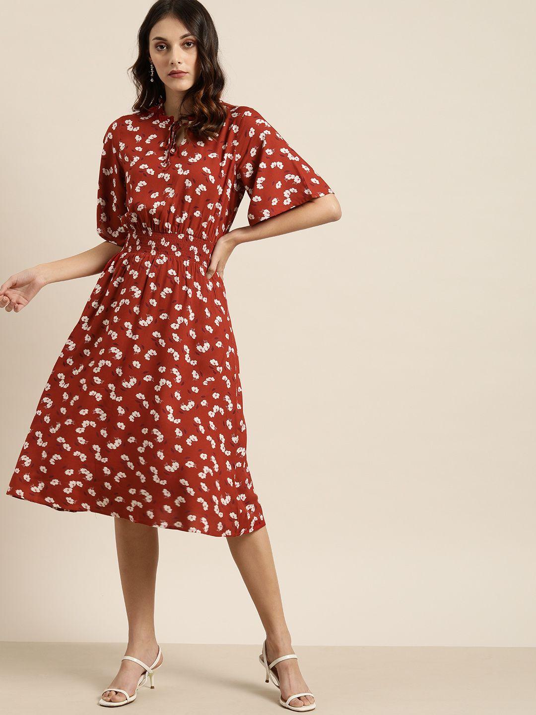 all about you women rust red & white floral printed smocked detailing fit and flare dress