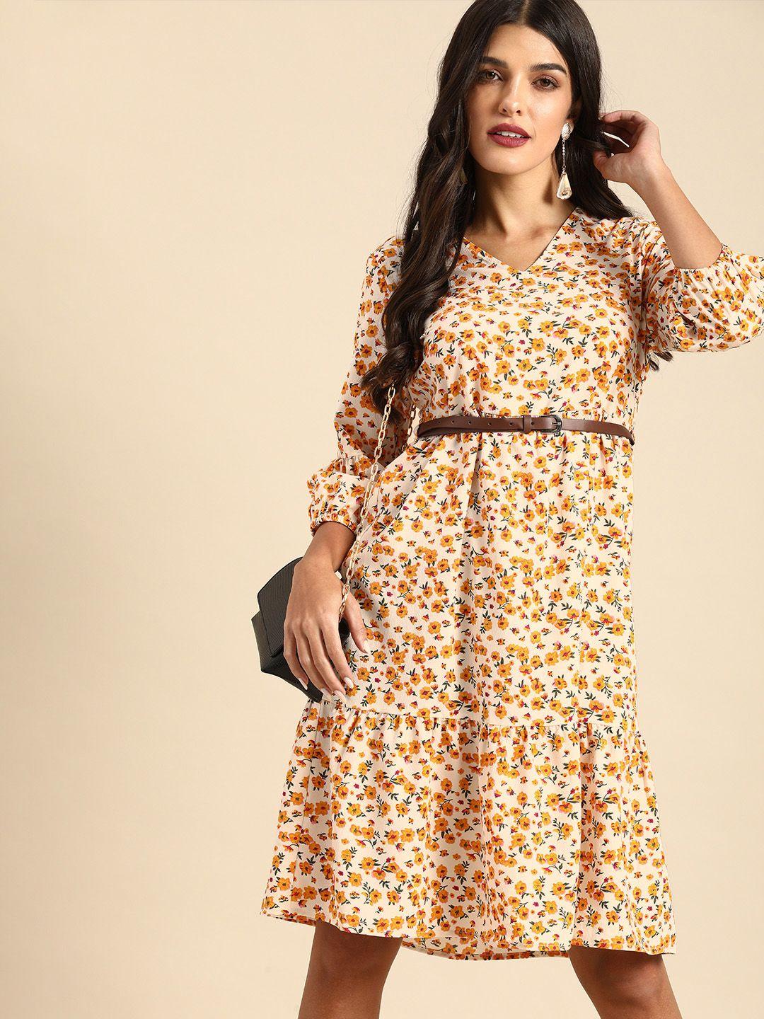 all about you women white & mustard yellow floral printed a-line dress with a belt