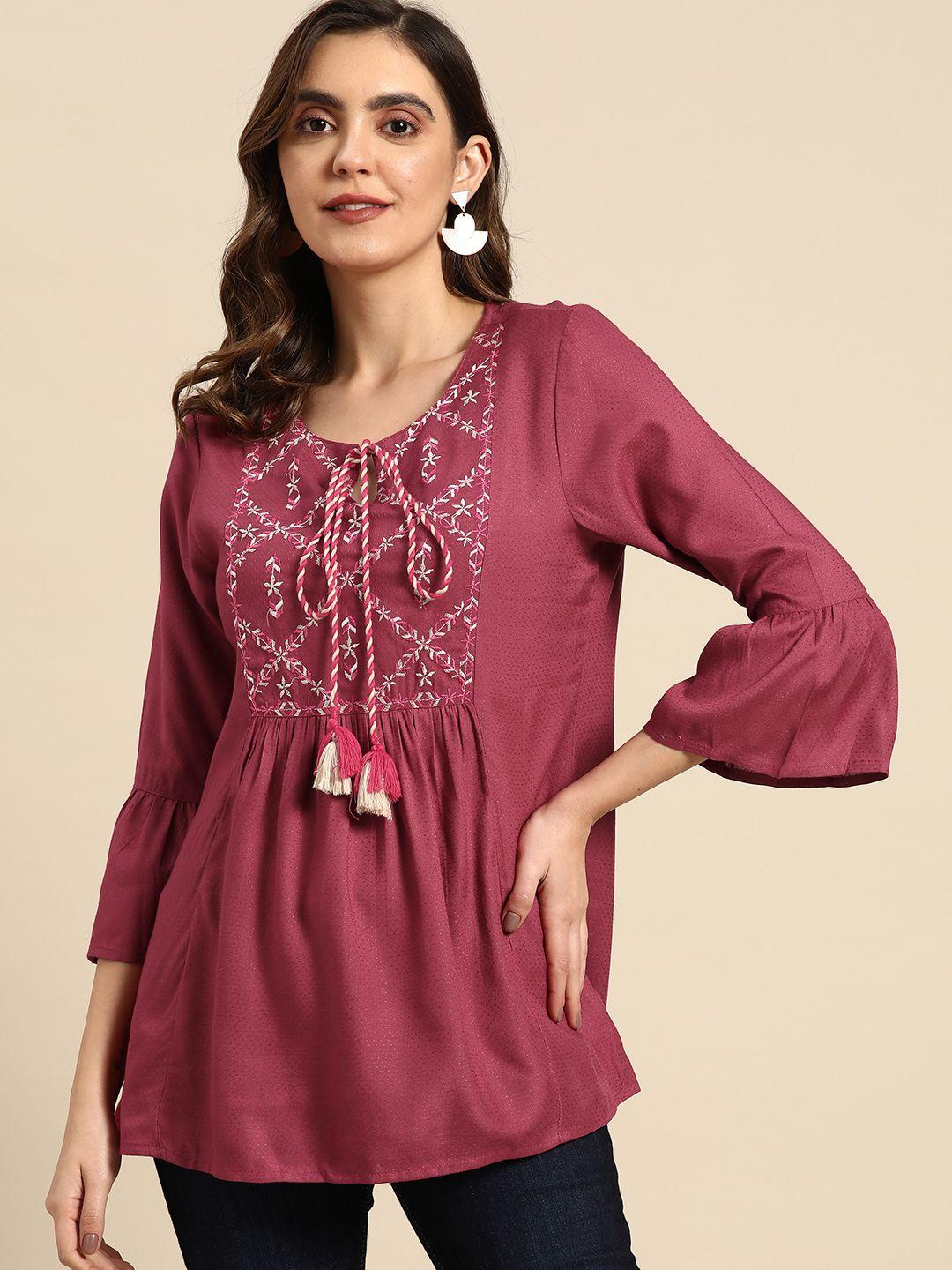 all about you woven design tie-up neck bell sleeves kurti with embroidered yoke