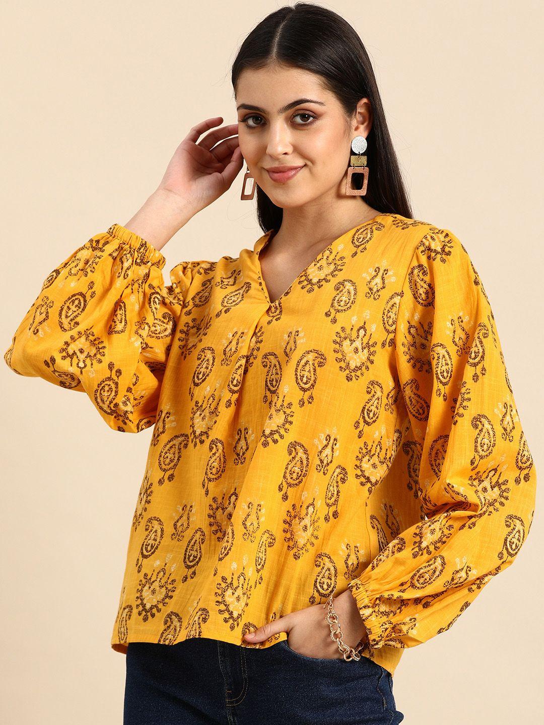 all about you yellow & brown ethnic motif print pure cotton casual a-line top