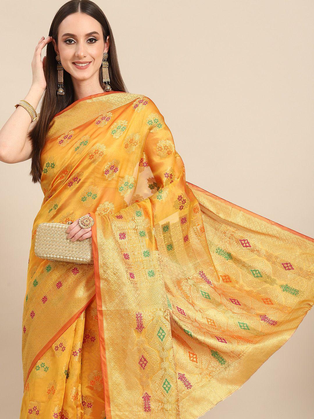 all about you yellow & golden woven design organza saree