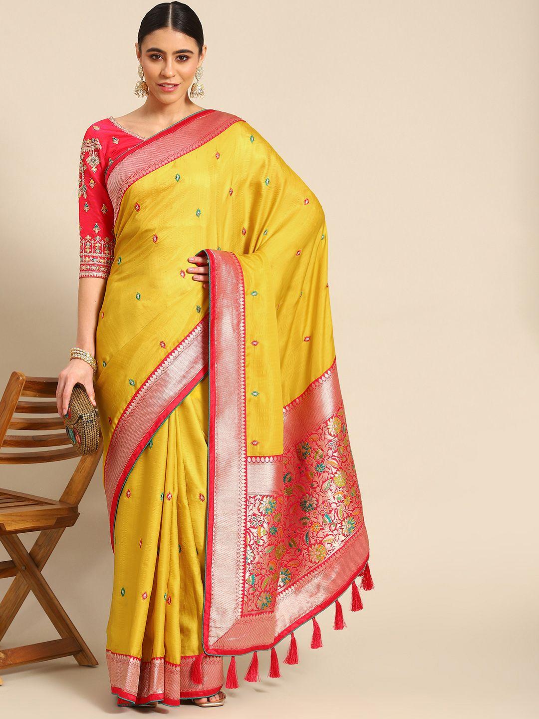 all about you yellow & pink ethnic motifs pure silk banarasi saree