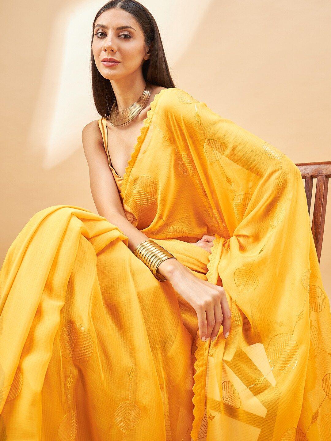 all about you yellow floral embroidered pure chiffon saree