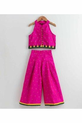 all over print polyester chinese collar girls ethnic set - fuschia