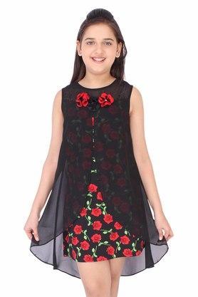 all over print polyester georgette round neck girls casual wear dresses - black