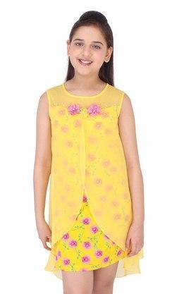 all over print polyester georgette round neck girls casual wear dresses - yellow
