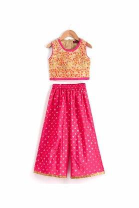 all over print polyester round neck girls ethnic set - pink