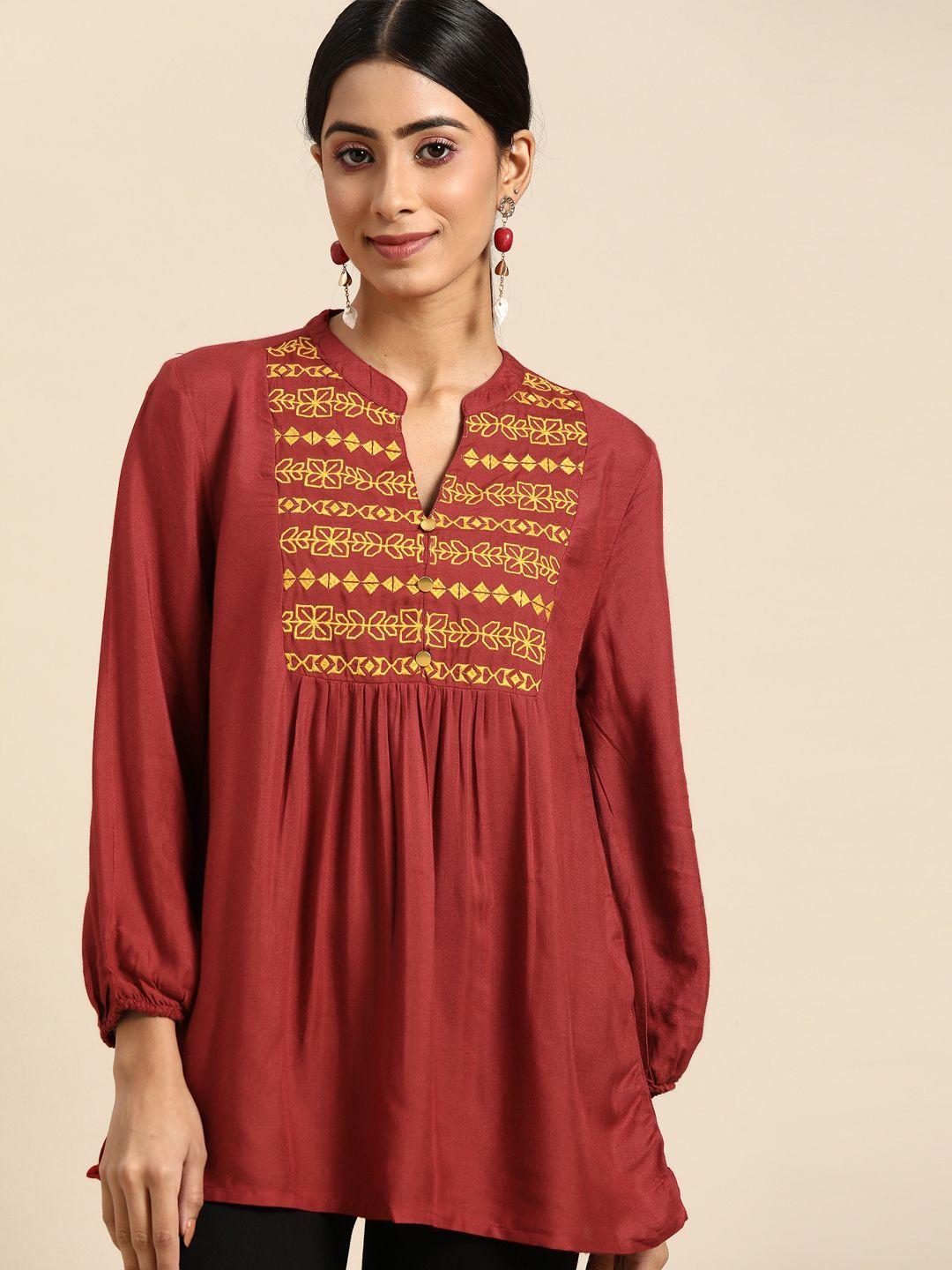 all about you  women maroon & mustard yellow embroidered longline top