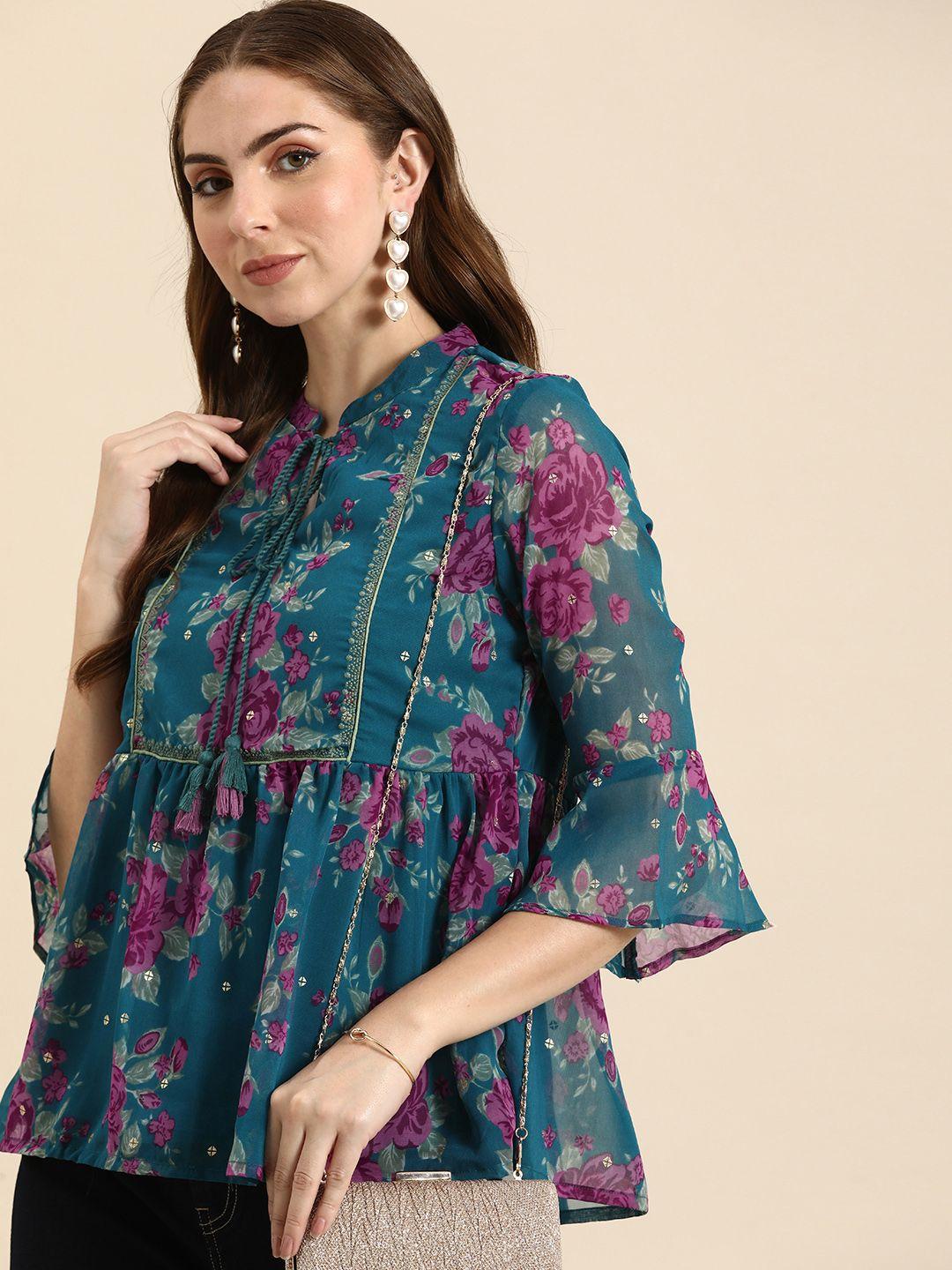 all about you a-line floral printed tie-up neck kurti