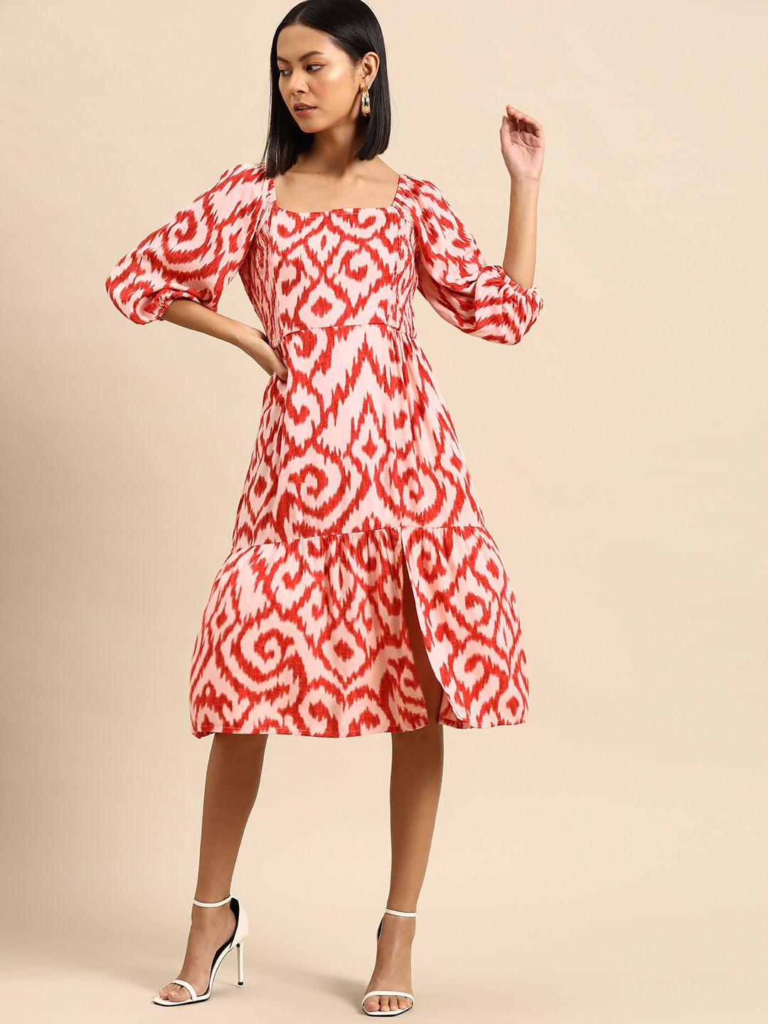 all about you abstract print puff sleeve a-line midi dress