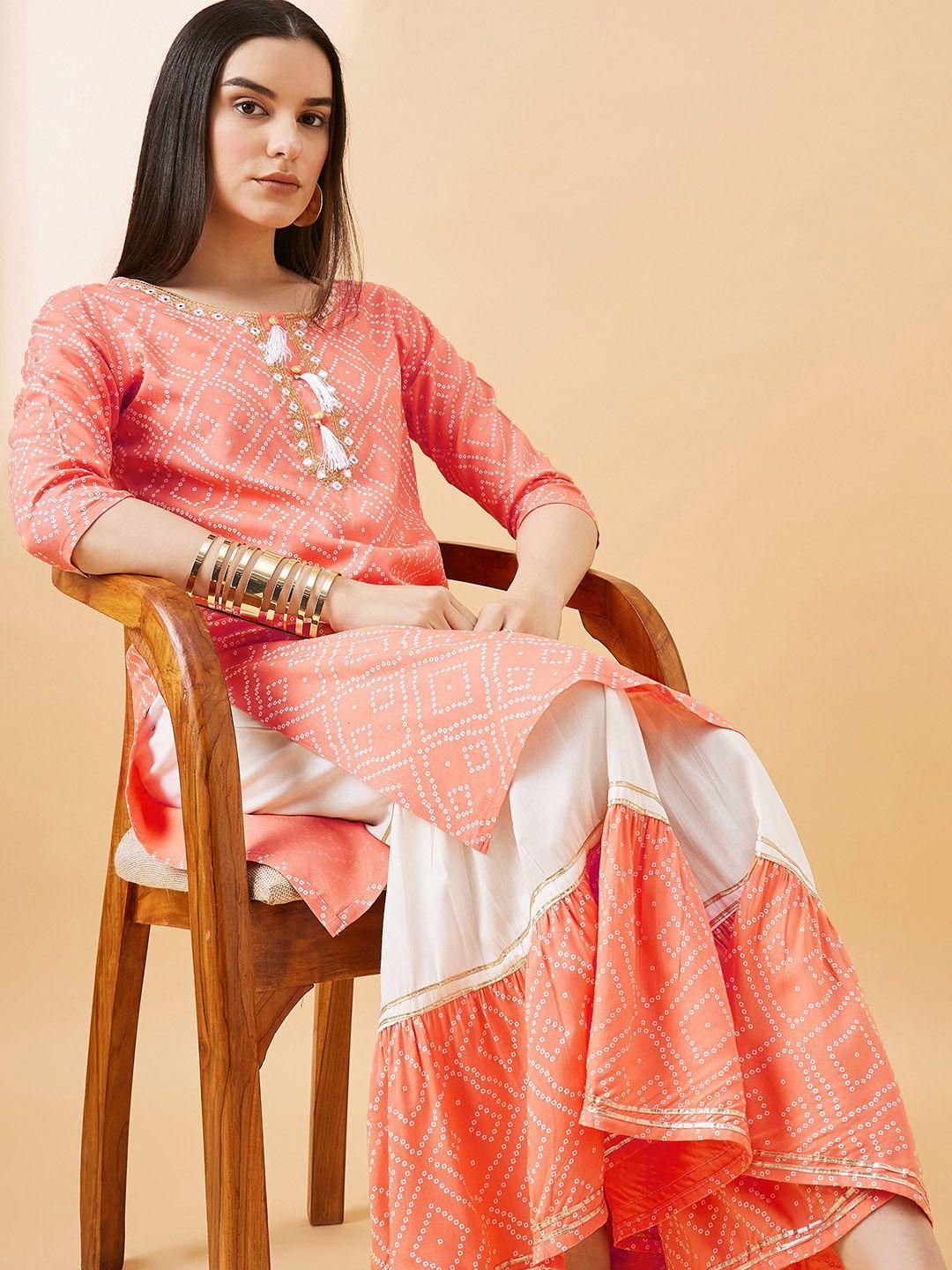 all about you bandhani printed mirror work straight kurta with sharara