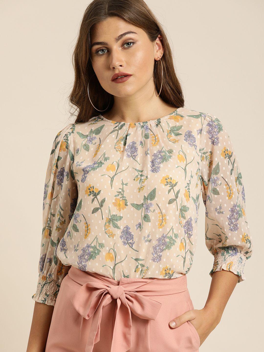 all about you beige & green dobby weave floral printed top