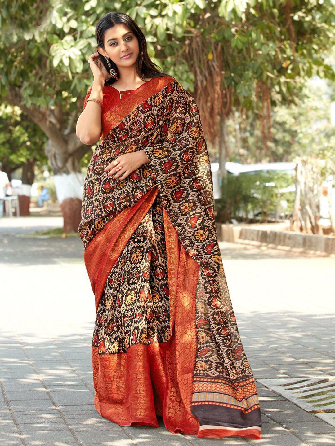 all about you beige & red ethnic motifs zari printed pure cotton saree