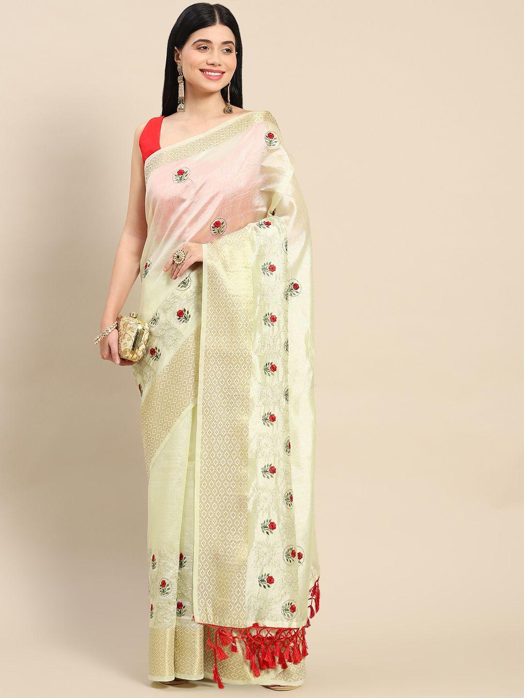 all about you beige & red floral zari saree