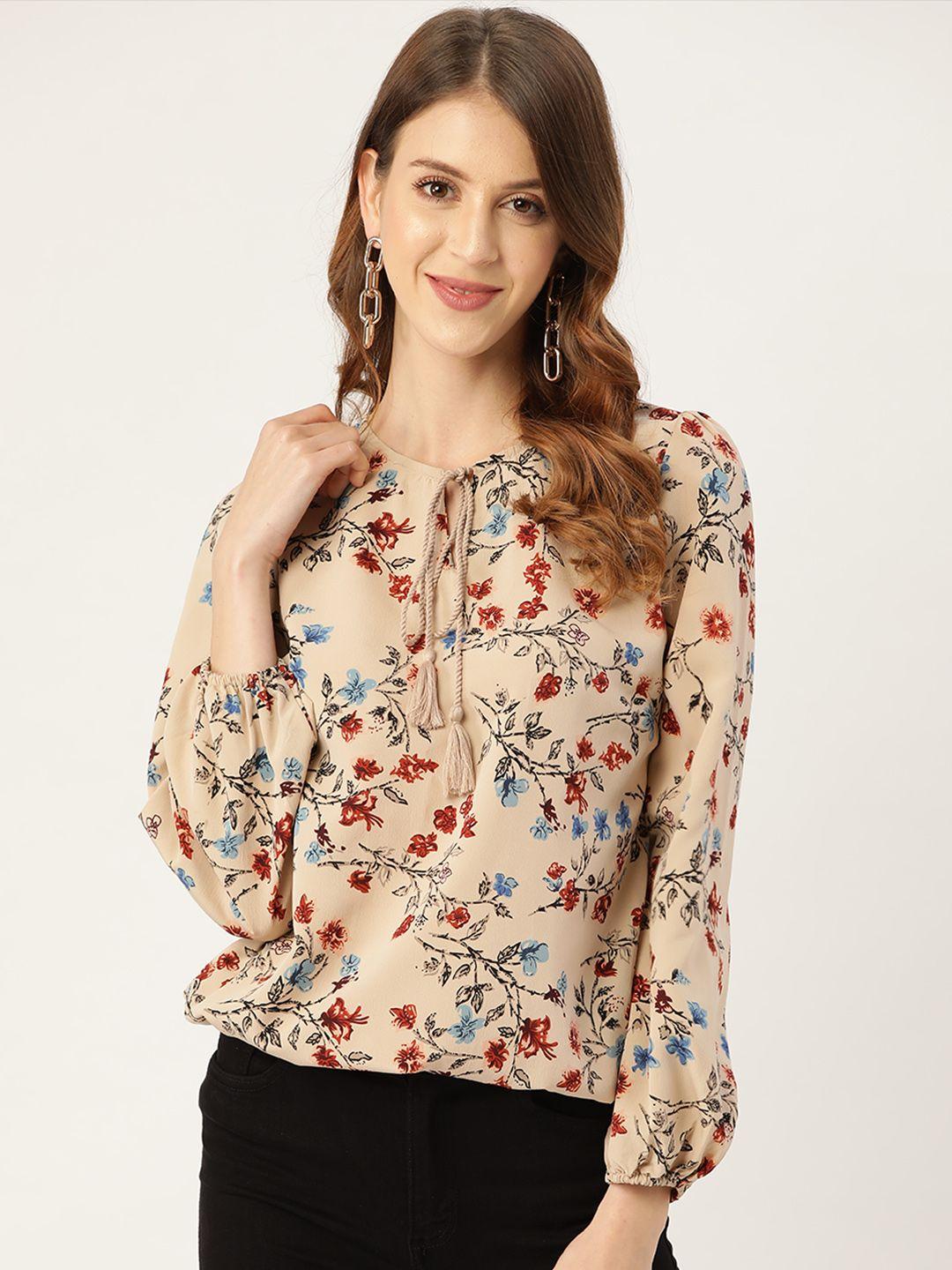 all about you beige & rust brown floral print blouson top