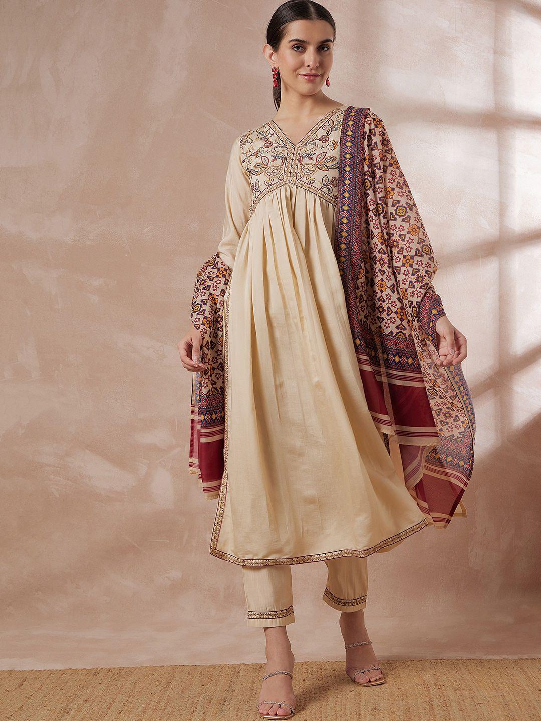 all about you beige floral embroidered regular thread work kurta with trousers & dupatta