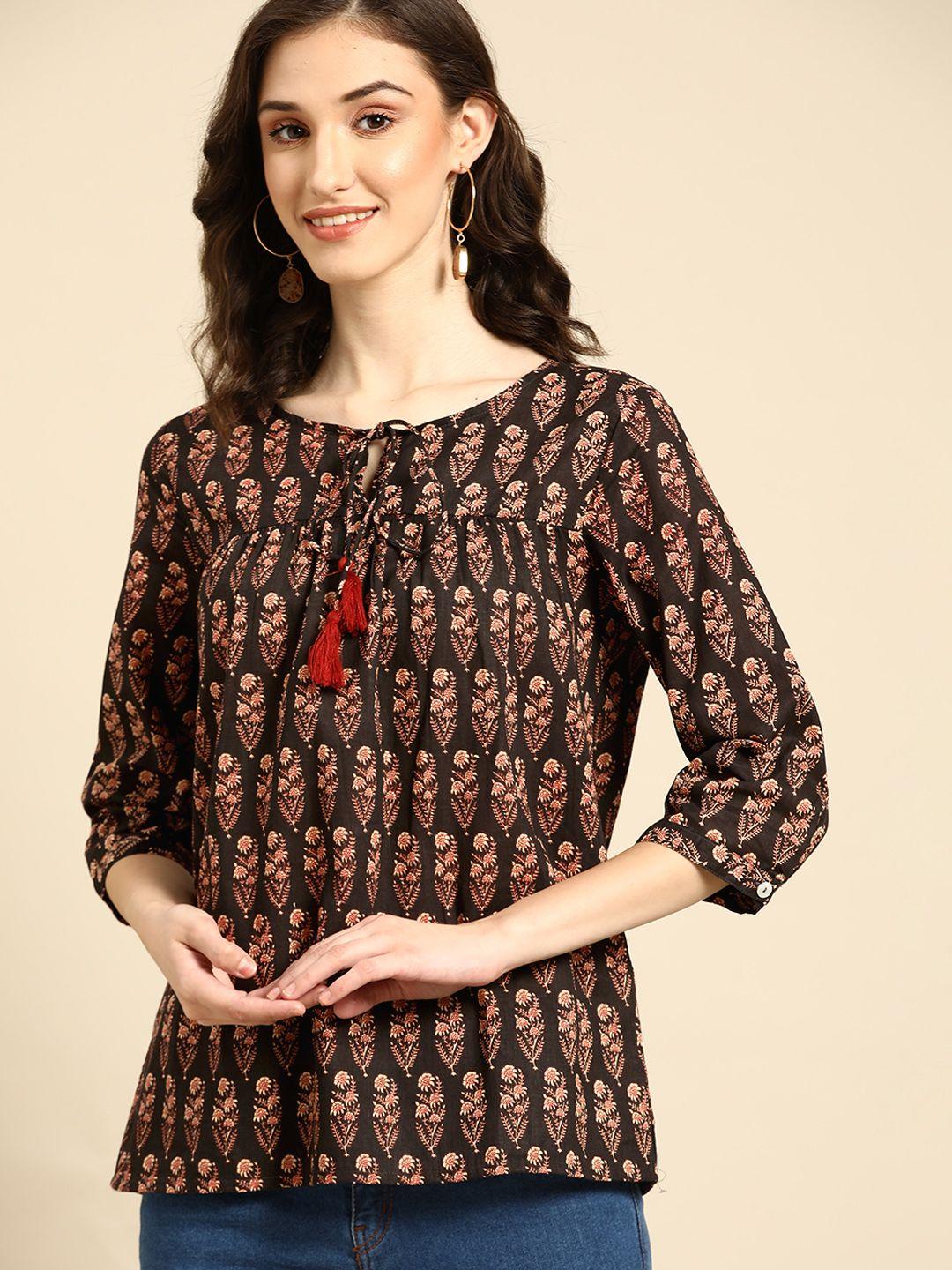 all about you black & beige floral ethnic motifs three quarter sleeves pure cotton kurti