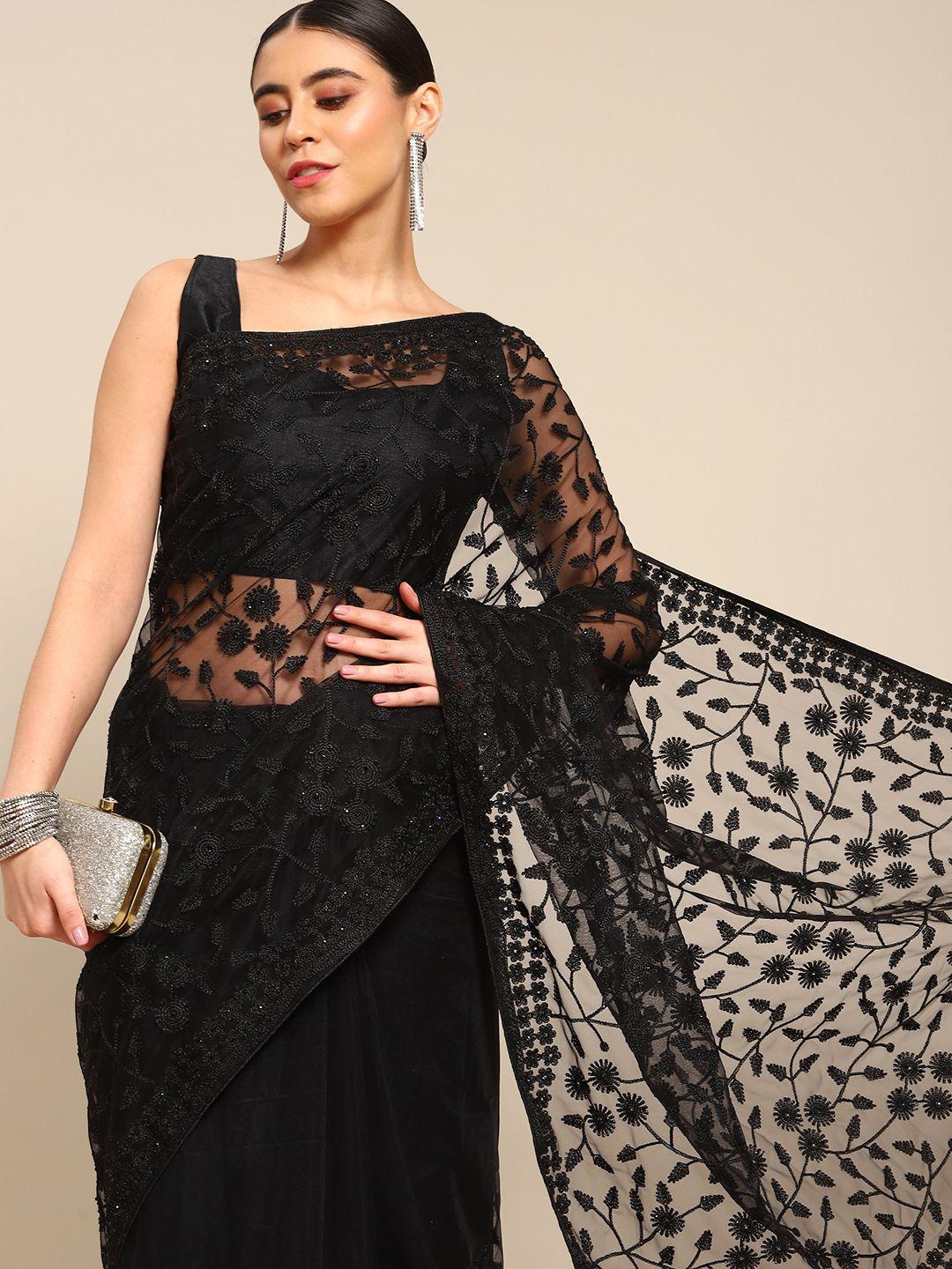 all about you black & charcoal floral embroidered net saree