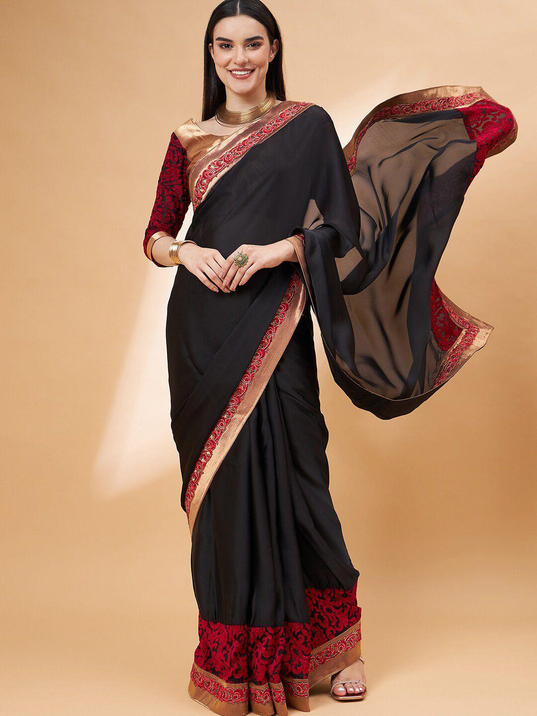 all about you black & gold-toned beads and stones satin saree