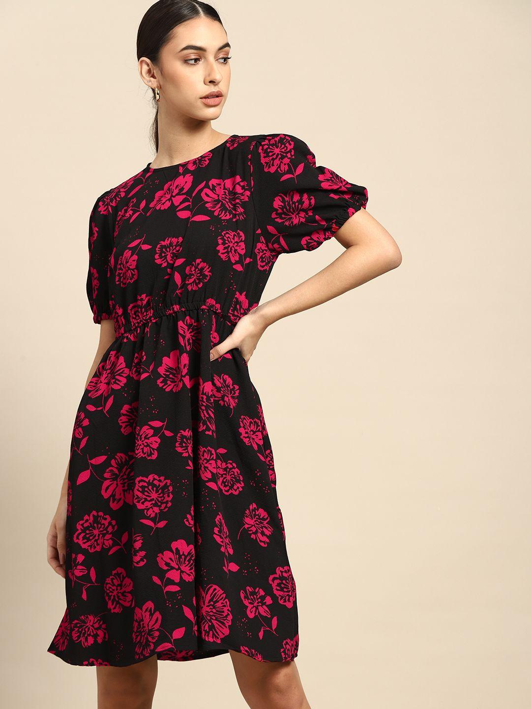 all about you black & pink floral printed a-line dress