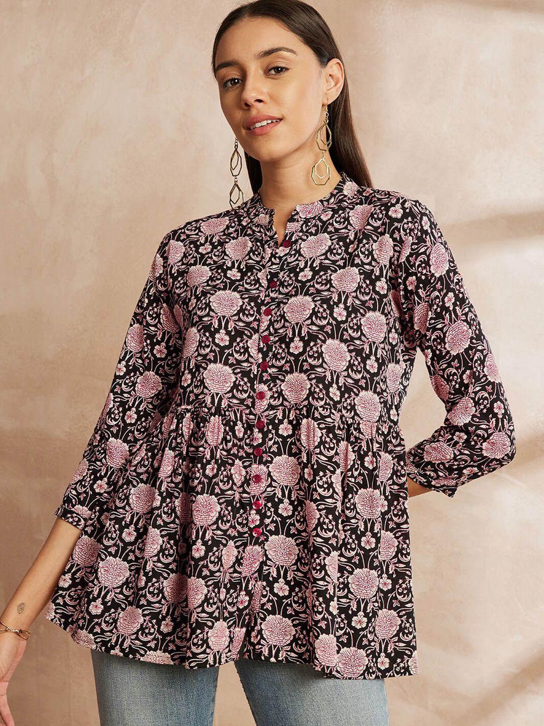 all about you black & pink floral printed pleated kurti