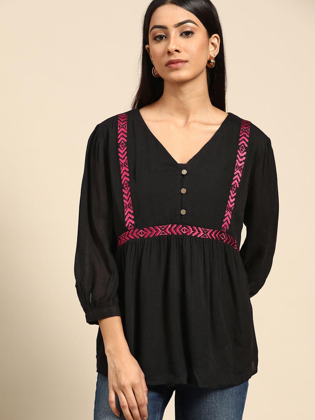 all about you black & pink geometric embroidered top