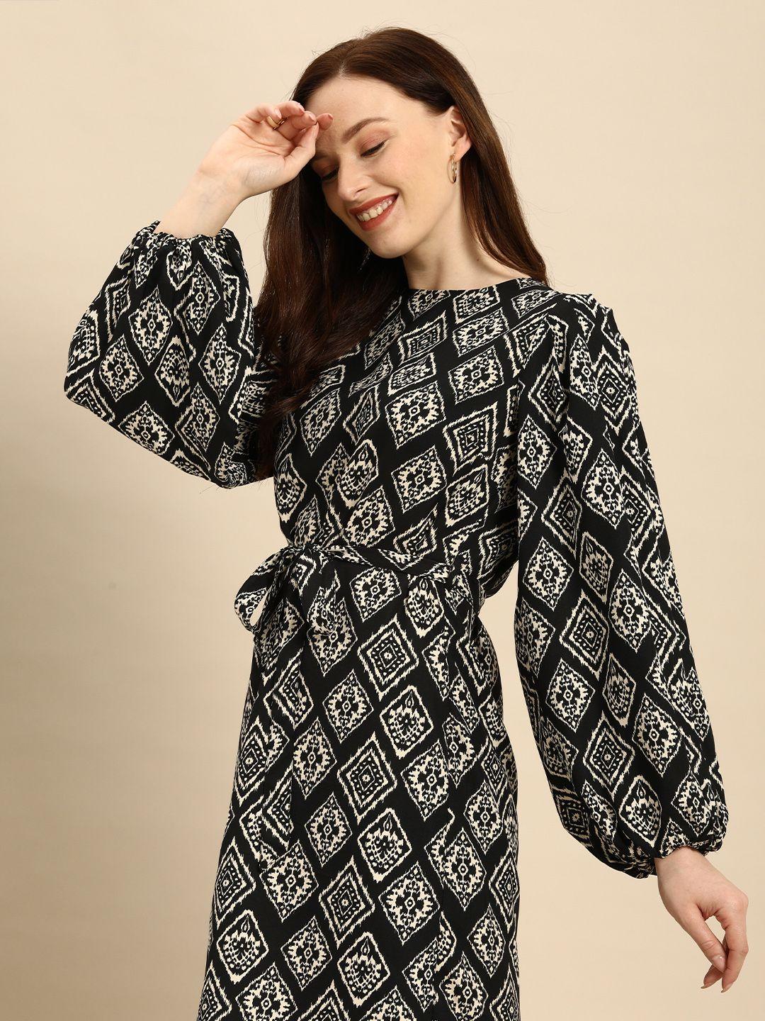 all about you black & white ethnic motifs a-line dress with a belt