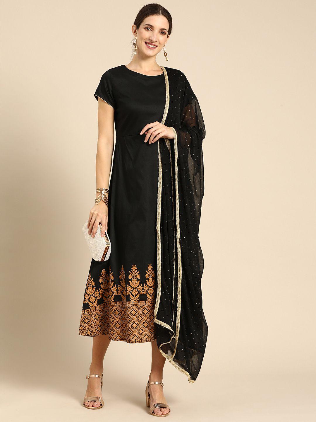 all about you black ethnic motifs ethnic a-line midi dress with dupatta