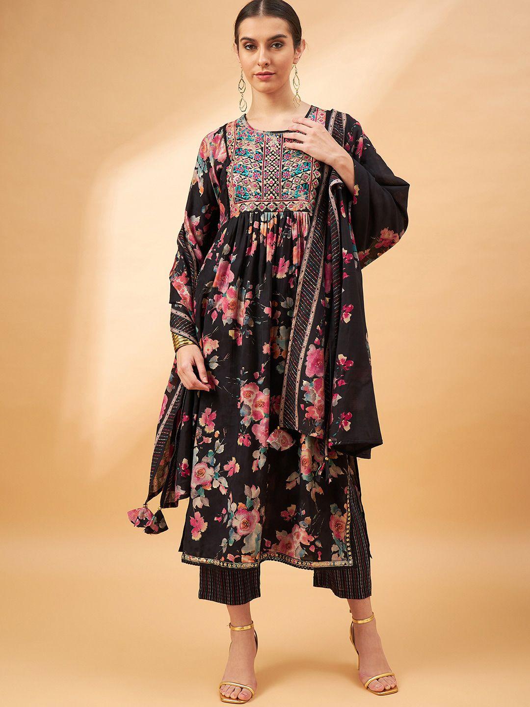 all about you black floral printed thread work a-line kurta & trousers with dupatta